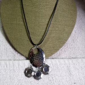 Silvertone dangle charms necklace black cord